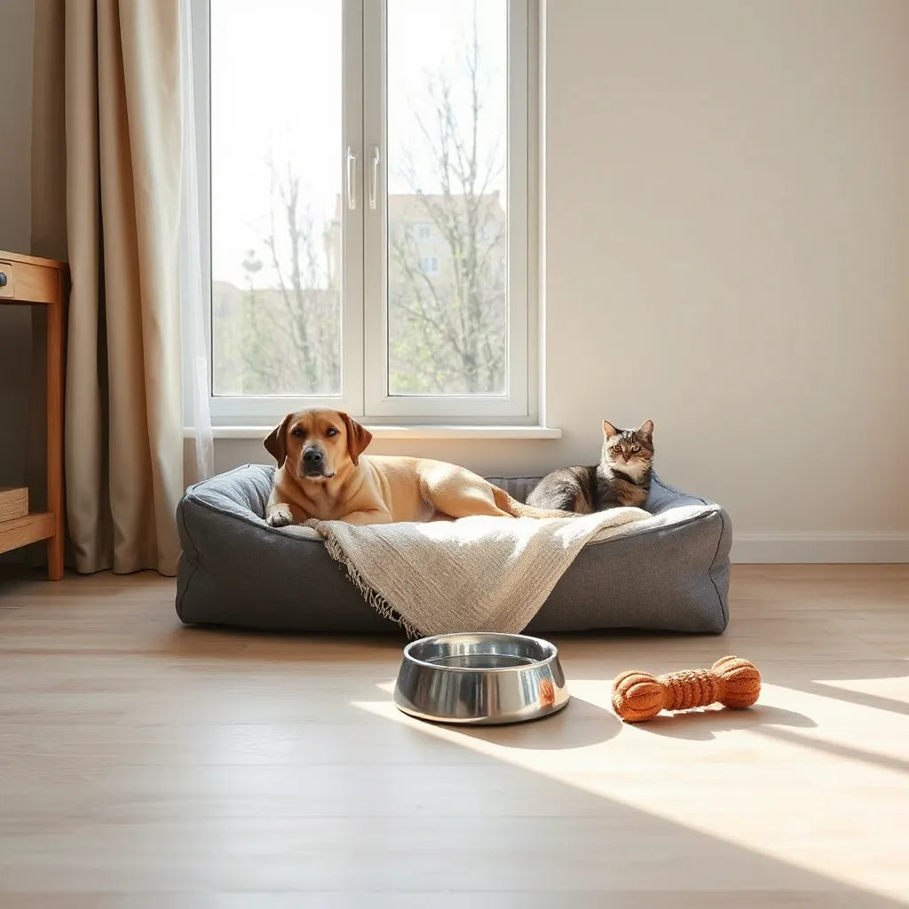 Dog and cat resting comfortably on a cozy pet bed near a bright window at home