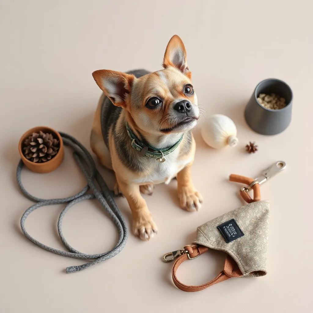 Small dog wearing a stylish collar with matching leash and accessories on a neutral background