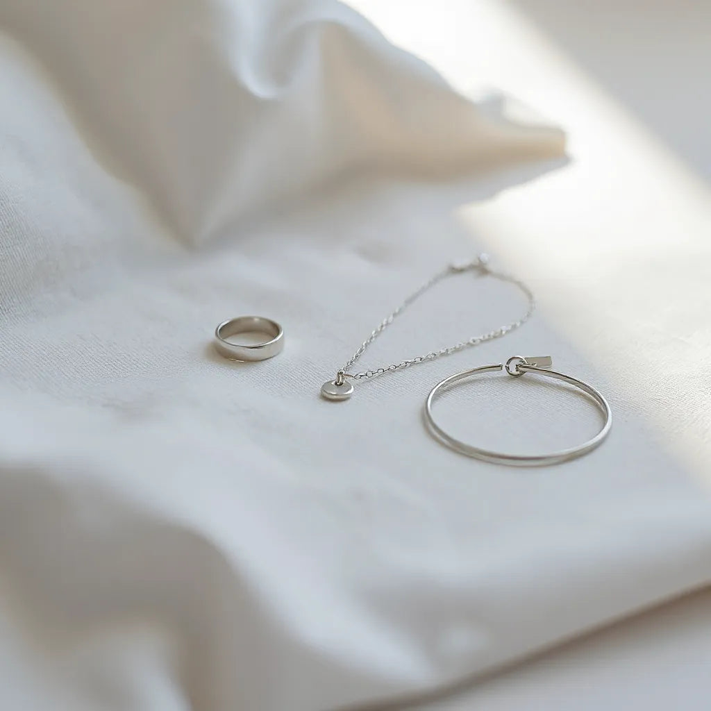 Assorted 925 sterling silver ring, pendant necklace, and bracelet on light fabric with soft studio lighting