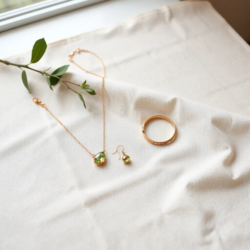 Delicate necklace, bracelet, and earrings arranged on neutral fabric under soft natural light