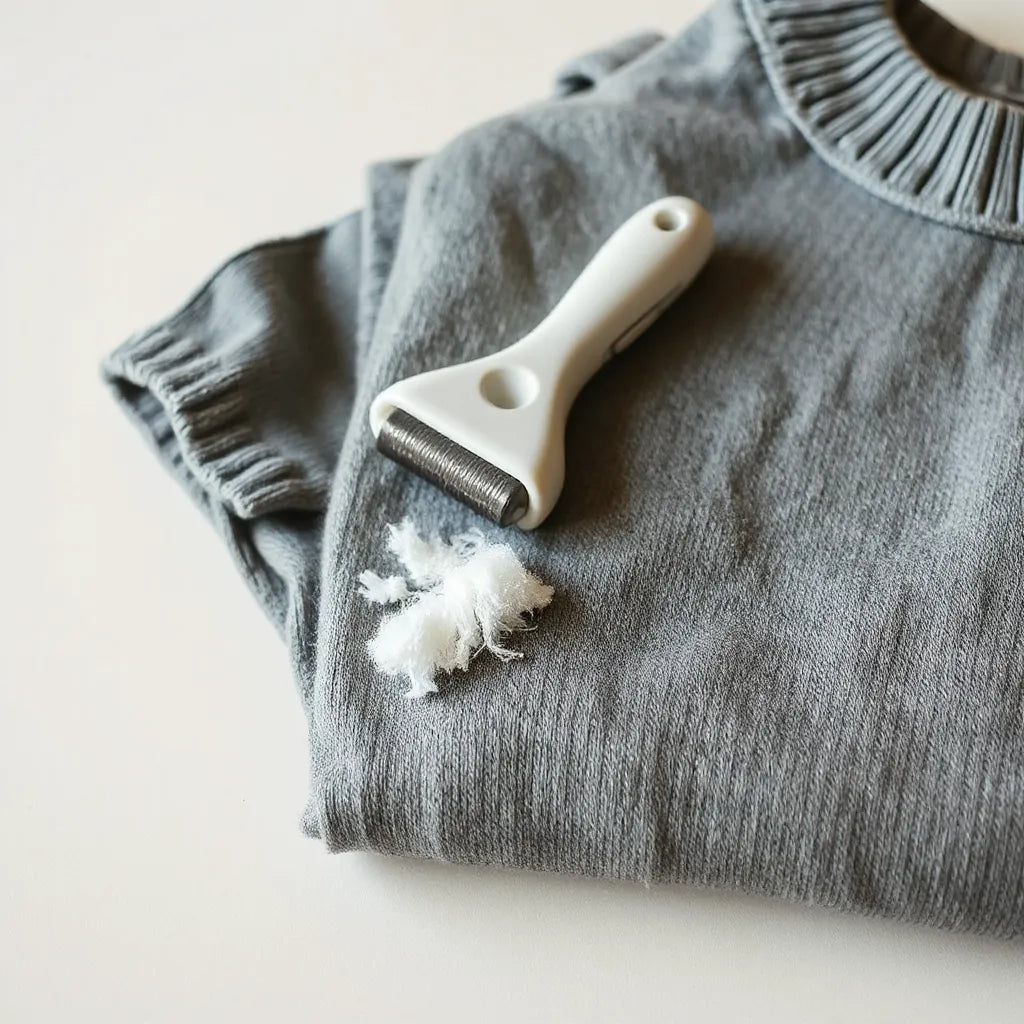 Clothes lint remover gliding over a sweater with visible removed lint on the fabric