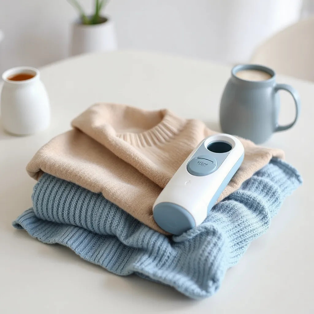 Portable fabric shaver on a folded knit sweater with reduced pilling and clean fabric surface