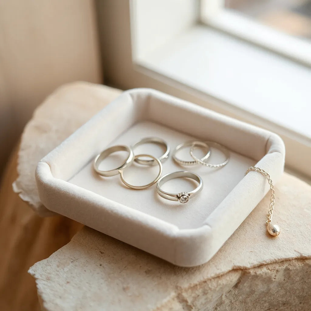 Handcrafted silver rings on a velvet display under soft natural light