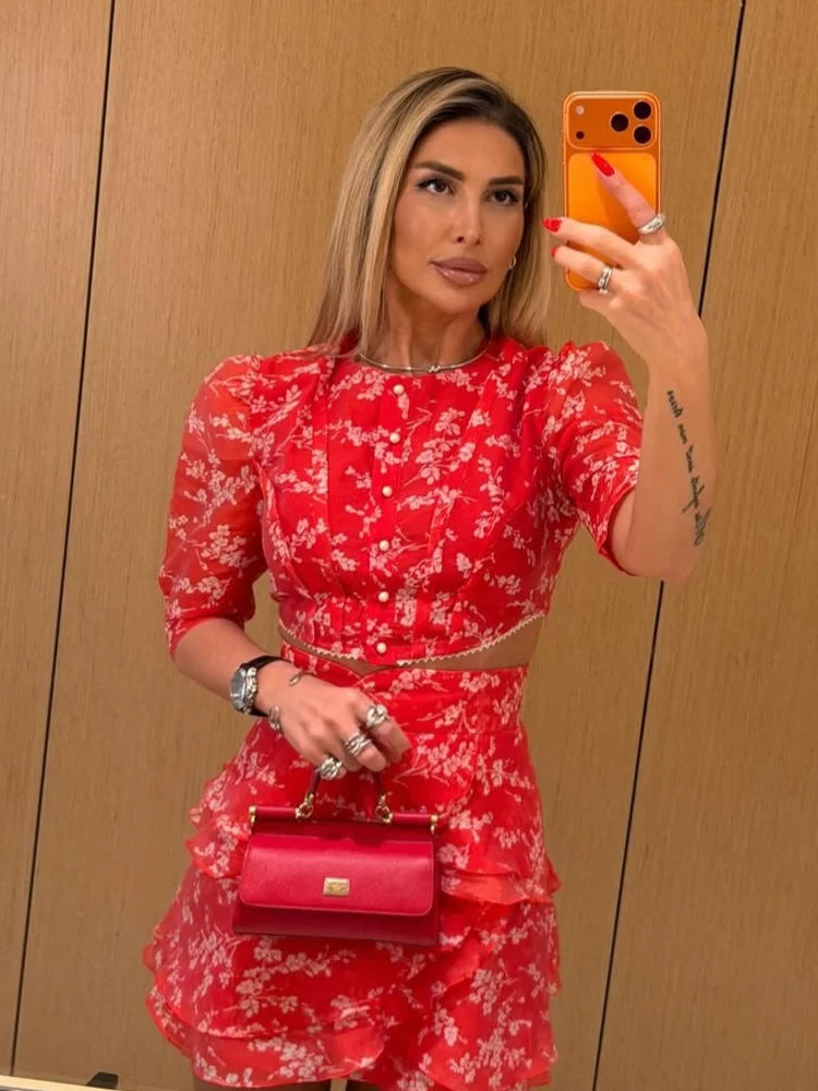 Women's Floral Print Two Piece Set 2026 New Women Puff Sleeve Crop Top + Tiered Ruffle Mini Skirt Casual Vacation Party Outfit