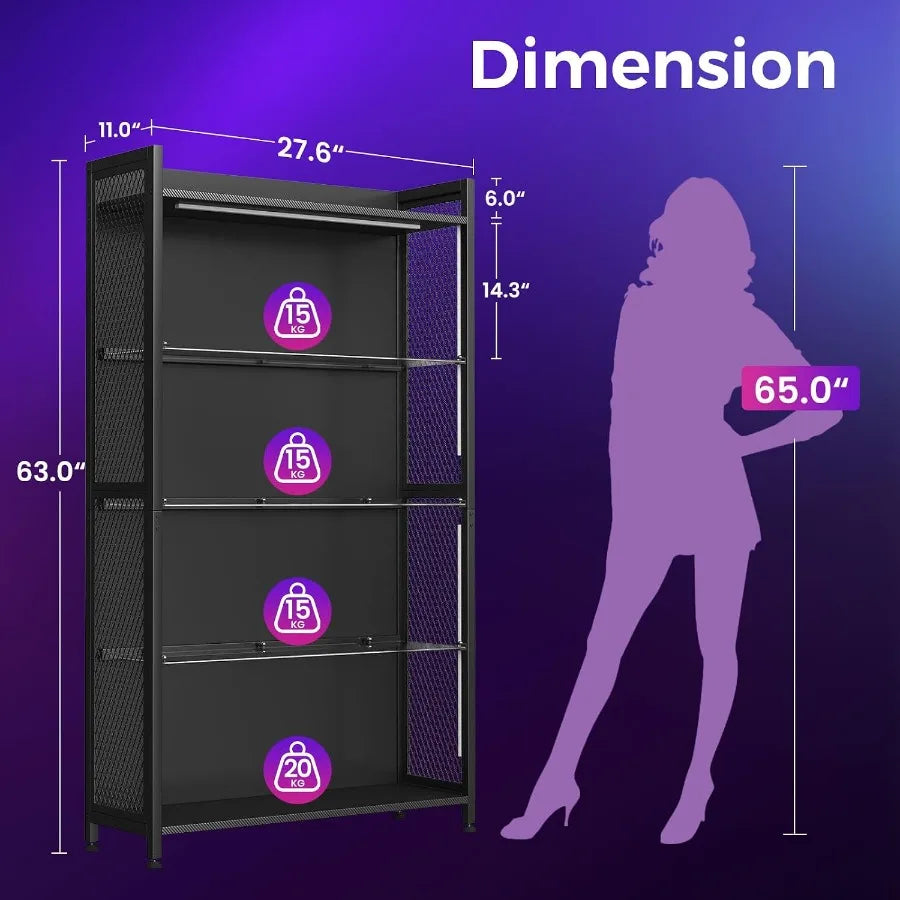 4-Tier Display Case with Tempered Glass Shelves RGB LED Lights for Home/Office, Black Finish, Adjustable Shelving and Soft-Clos
