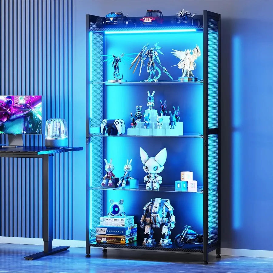 4-Tier Display Case with Tempered Glass Shelves RGB LED Lights for Home/Office, Black Finish, Adjustable Shelving and Soft-Clos