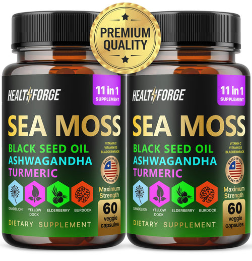 120 Capsules Sea Moss 3000mg Black Seed Oil Capsules 2000mg Ashwagandha Supplements 1000mg Turmeric 1000mg Bladderwrack 1000mg Burdock 1000mg & Vitamin C & D3