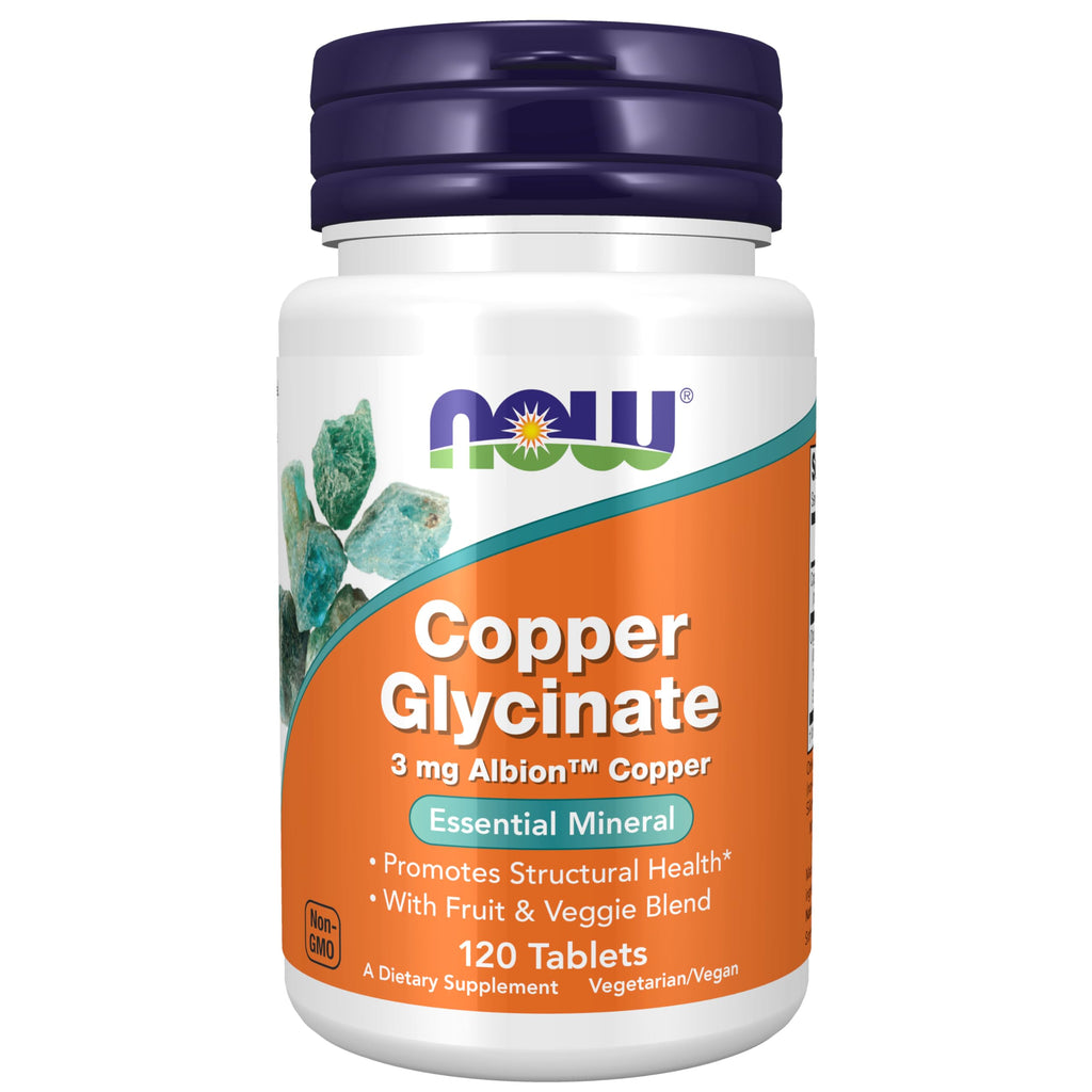 NOW Foods Supplements Copper Glycinate with 3mg Albion Copper Promotes Structural Health* 120 Tablets Light Gray Tan
