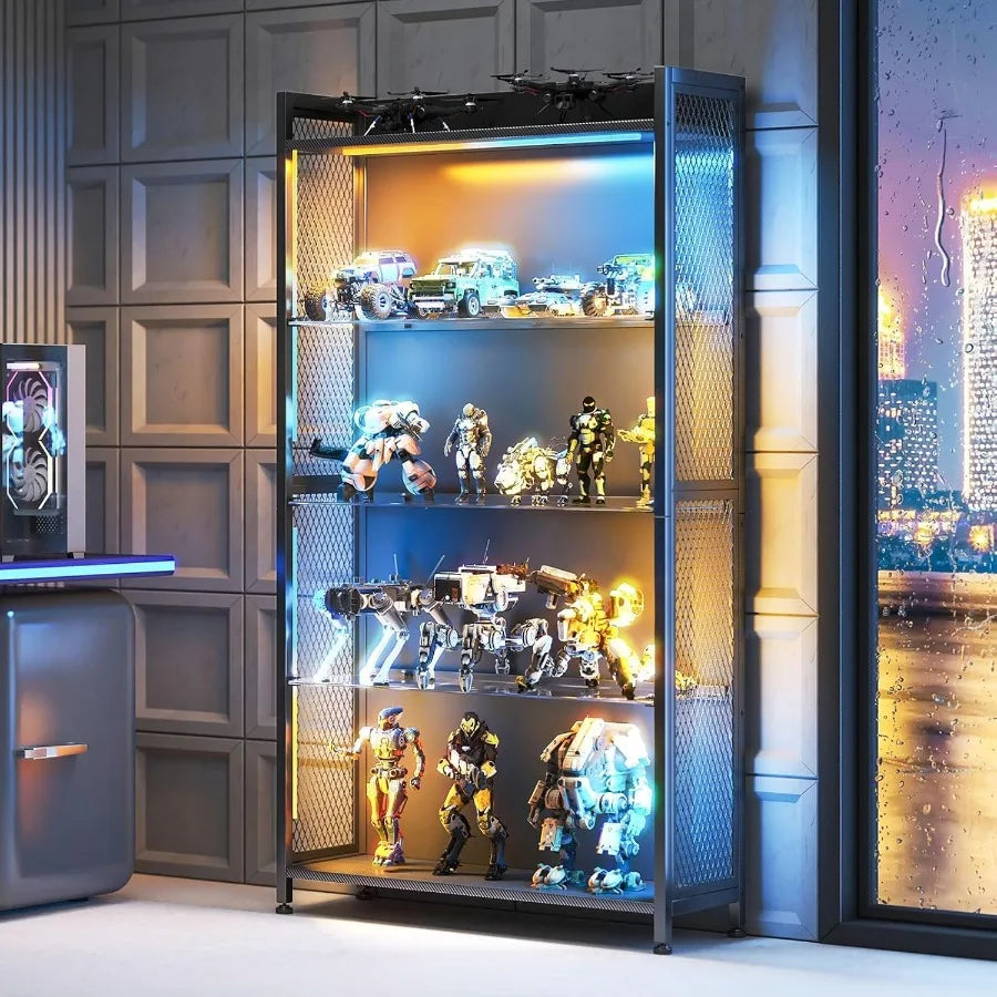 4-Tier Display Case with Tempered Glass Shelves RGB LED Lights for Home/Office, Black Finish, Adjustable Shelving and Soft-Clos