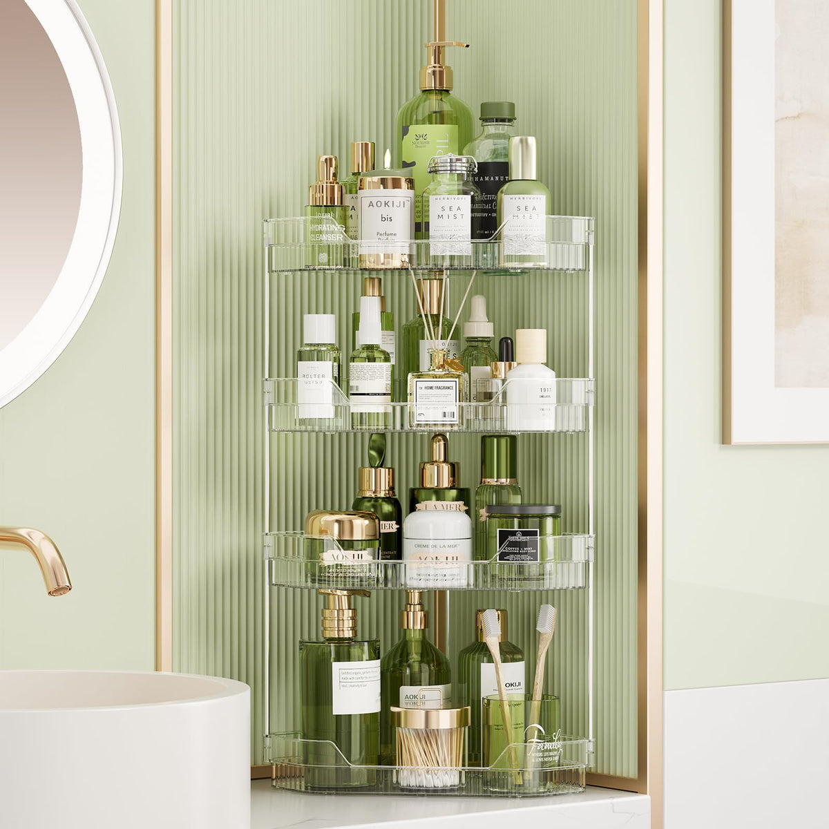TidyStash 4-Tier Corner Bathroom Counter Organizer Diamond-Shaped Bathroom Countertop Organizers and Storage Corner Makeup Organizer Corner Vanity Organizer for Skincare Perfume Cosmetics Clear