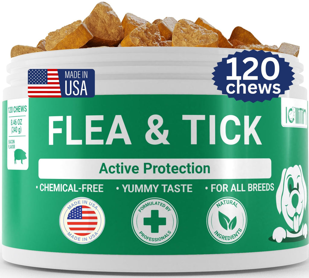 LOLLITIN Flea & Tick Dog Supplement - Made in USA - All Natural - Dog Chews 120 Count - Bacon Flavor - Dog Supplements - Natural Repellent