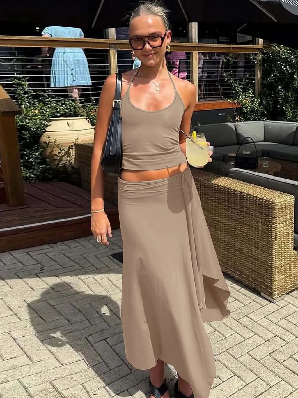 Hugcitar Fashion 2 Pcs Sets Halter Solid Backless Lace Up Sexy Crop Tank Top Ruched Maxi Skirt Women Outfit Beach Vacation Sport