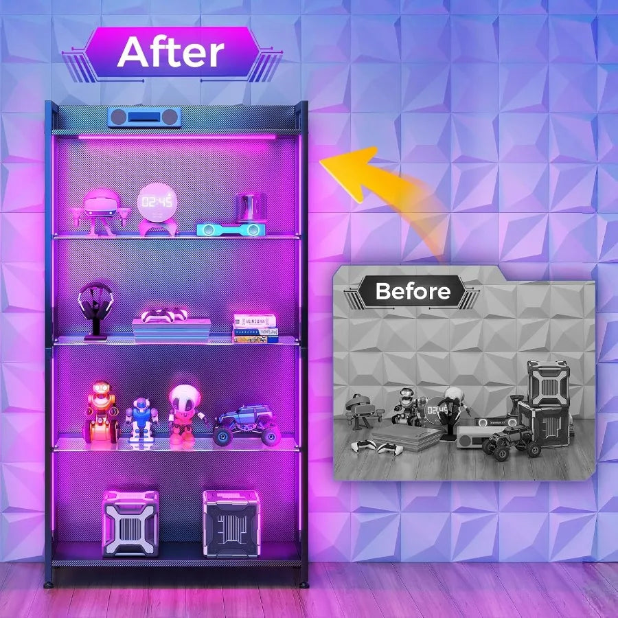 4-Tier Display Case with Tempered Glass Shelves RGB LED Lights for Home/Office, Black Finish, Adjustable Shelving and Soft-Clos