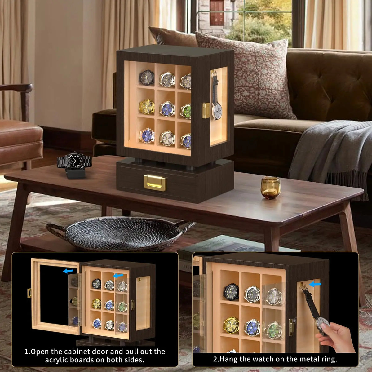 Custom Rectangle Wooden Watch Storage Box Solid Walnut Display Case Drawer Waterproof Large Capacity Modern Watch Organizer For