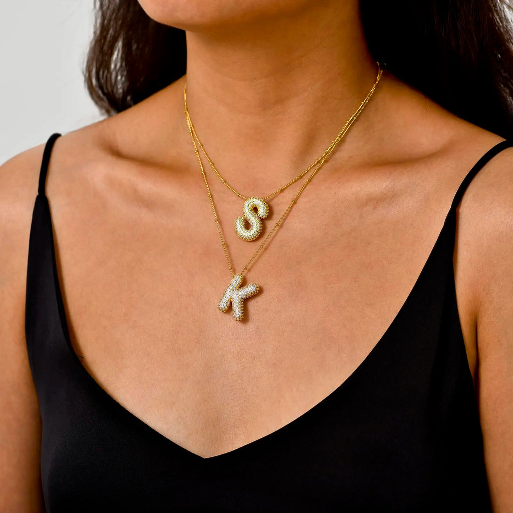 Women's Gold Plated Copper Zircon Bubble Initial Pendant Necklace