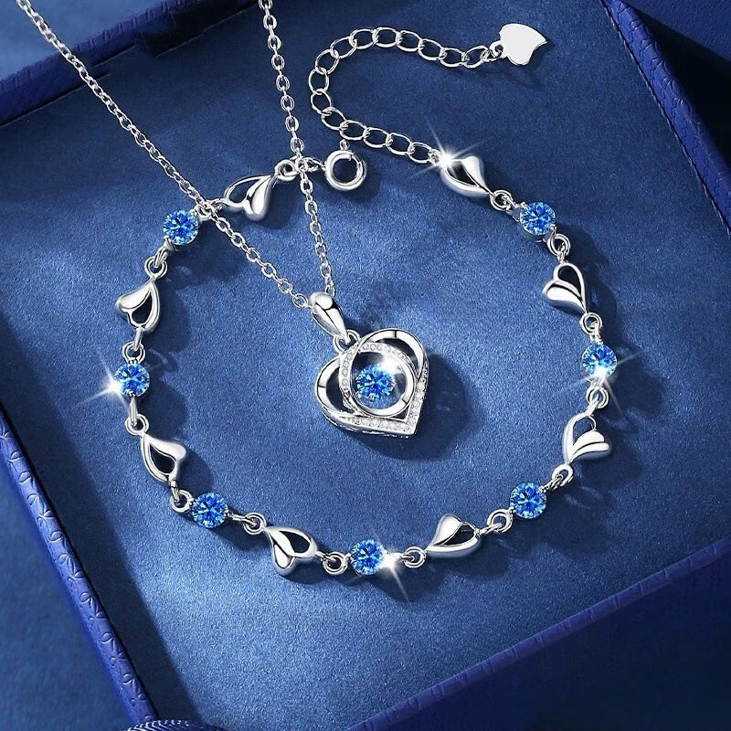 Women's 925 Sterling Silver Heart Crystal Necklace and Bracelet Set