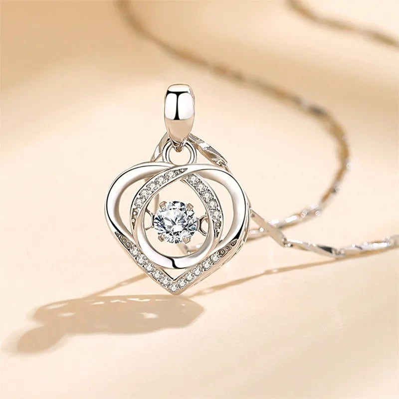 Women's 925 Sterling Silver Heart Crystal Necklace and Bracelet Set