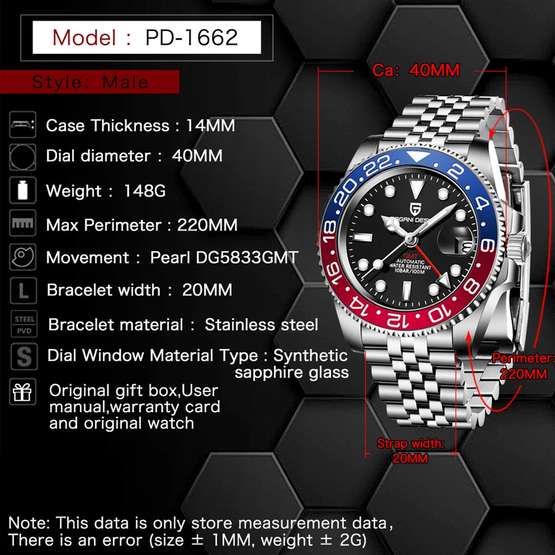 Men's Stainless Steel GMT Automatic Mechanical Wristwatch