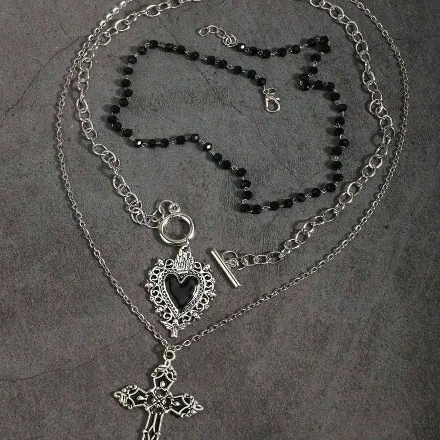 Women's Gothic Black Heart Cross Pendant Necklace 3-Piece Set