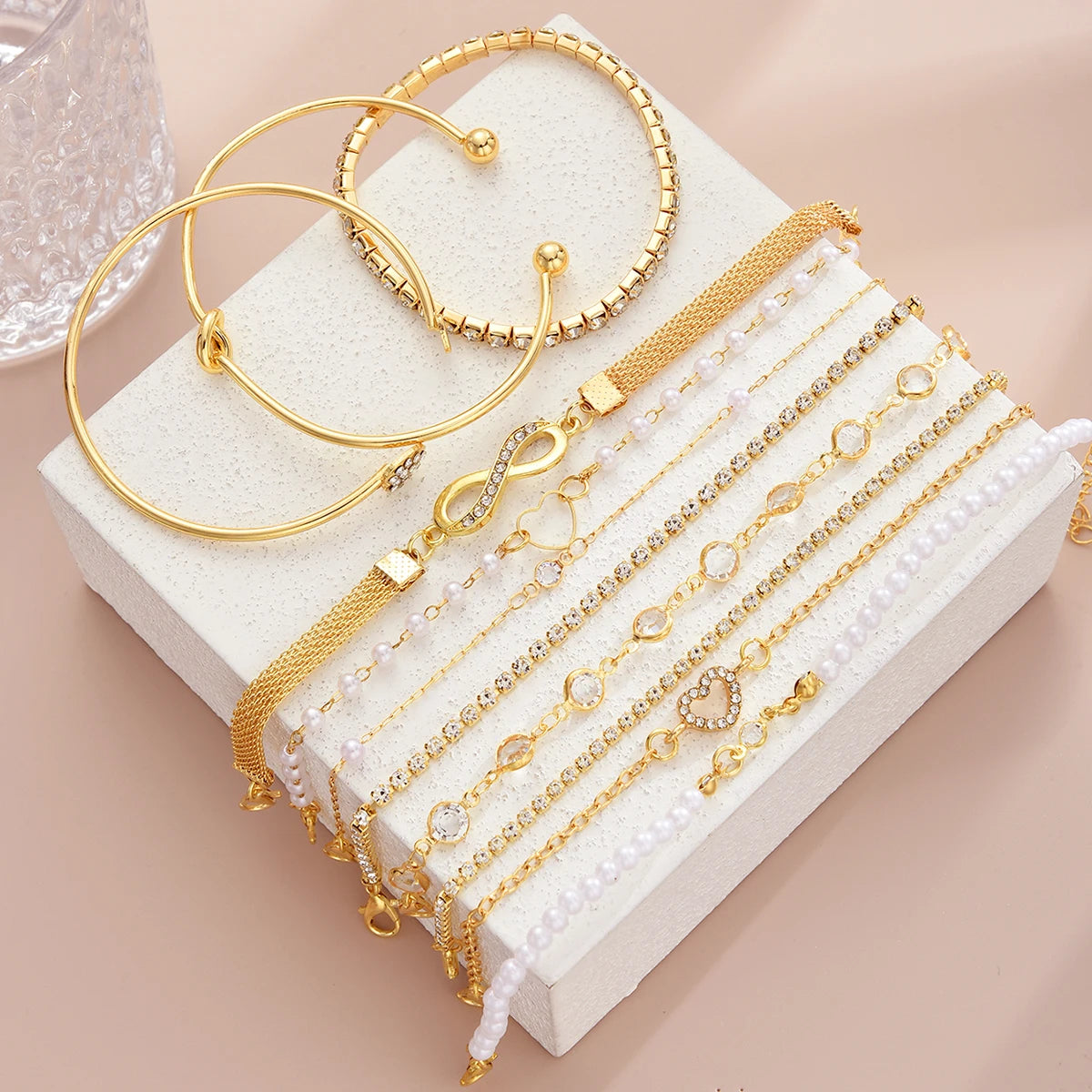Women's Vintage Pearl Crystal Heart Infinity Bracelets Set