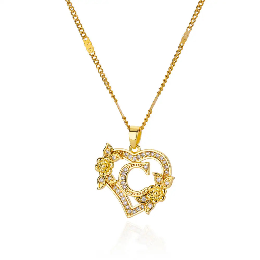Women's Stainless Steel Zircon Flower Heart Initial Pendant Necklace