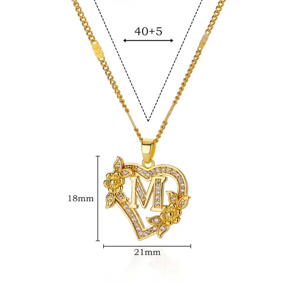 Women's Stainless Steel Zircon Flower Heart Initial Pendant Necklace