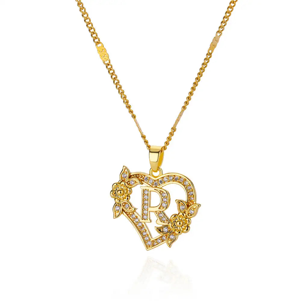 Women's Stainless Steel Zircon Flower Heart Initial Pendant Necklace