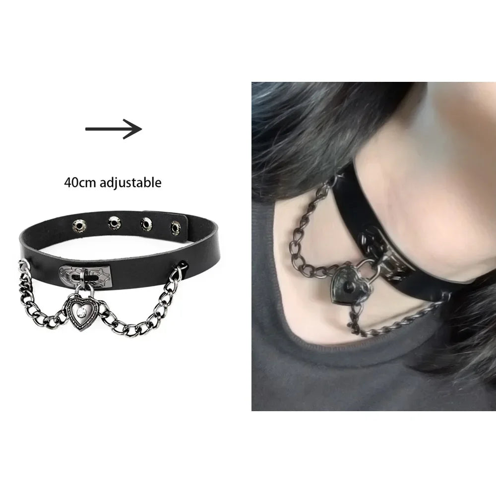Women's Leather Gothic Heart Punk Choker Necklace