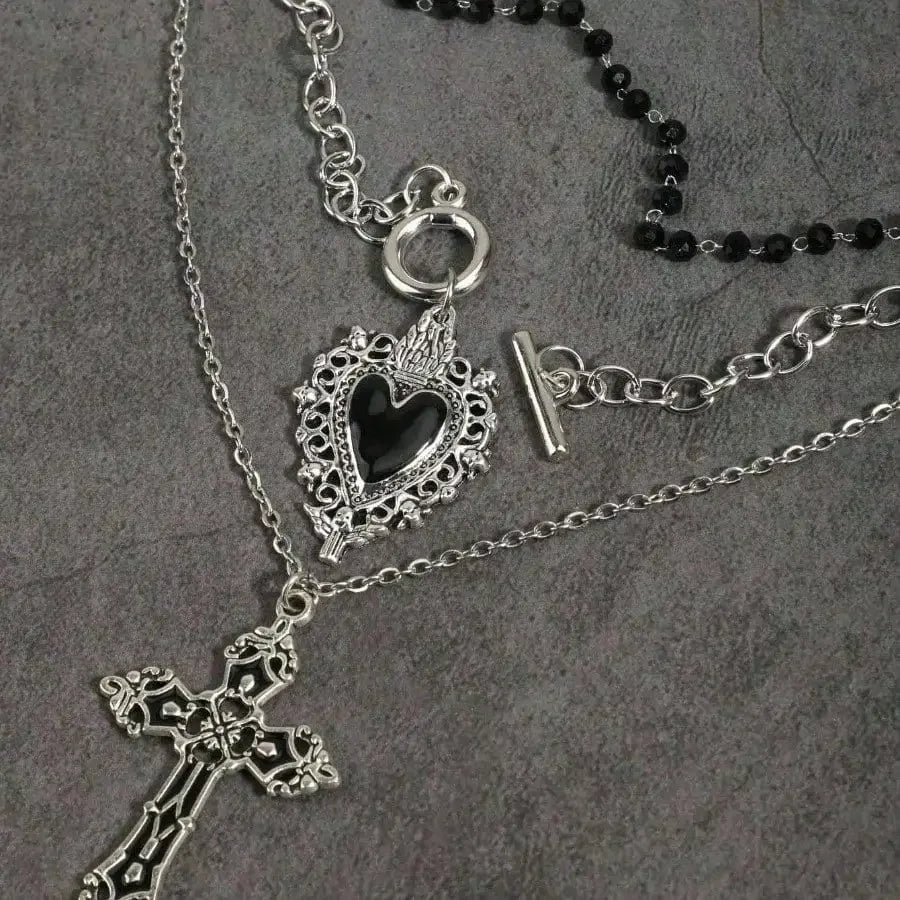 Women's Gothic Black Heart Cross Pendant Necklace 3-Piece Set