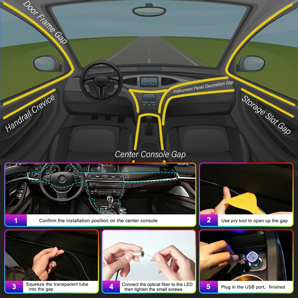 LED Car Interior Ambient Strip Lights RGB Fiber Optic Kit