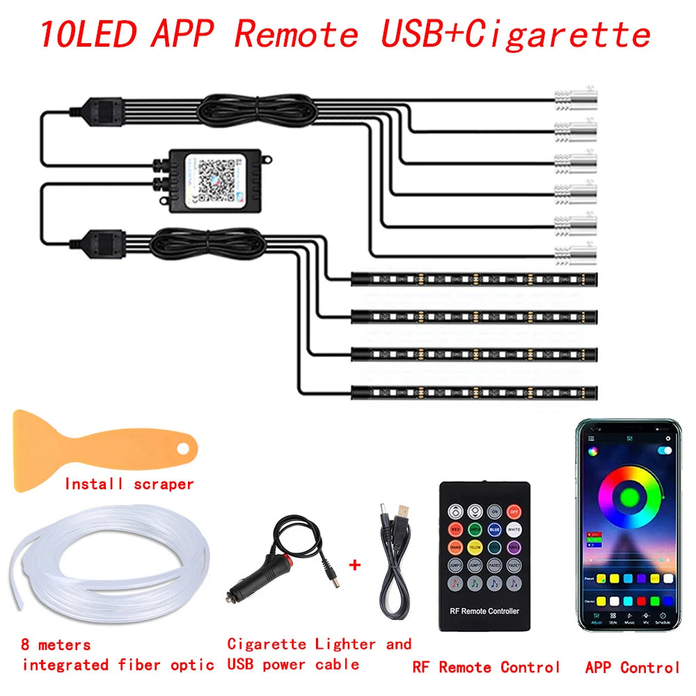 LED Car Interior Ambient Strip Lights RGB Fiber Optic Kit