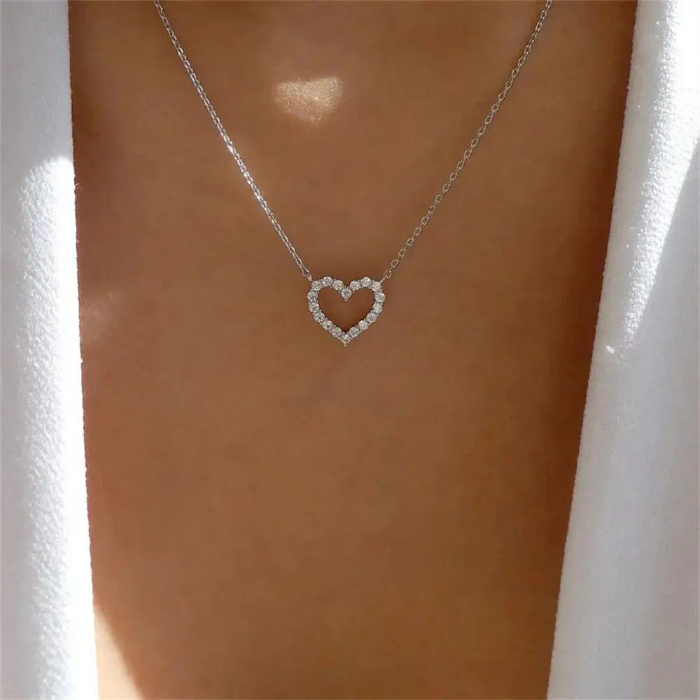 Women's Stainless Steel Cubic Zirconia Hollow Heart Pendant Necklace