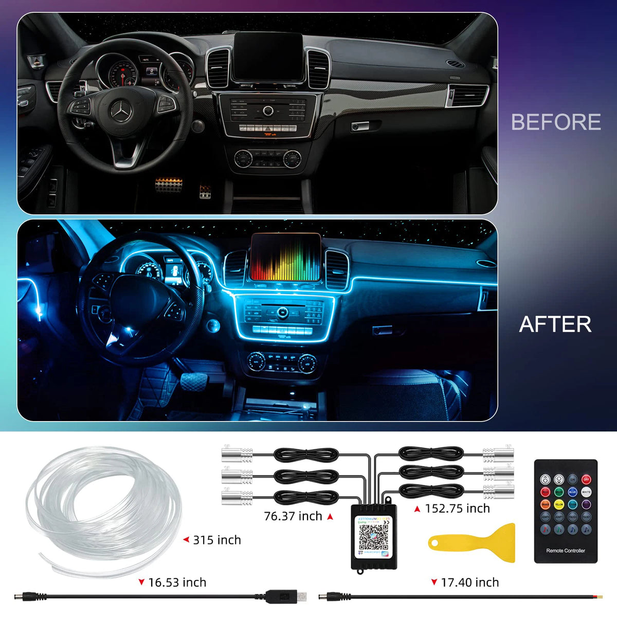 LED Car Interior Ambient Strip Lights RGB Fiber Optic Kit