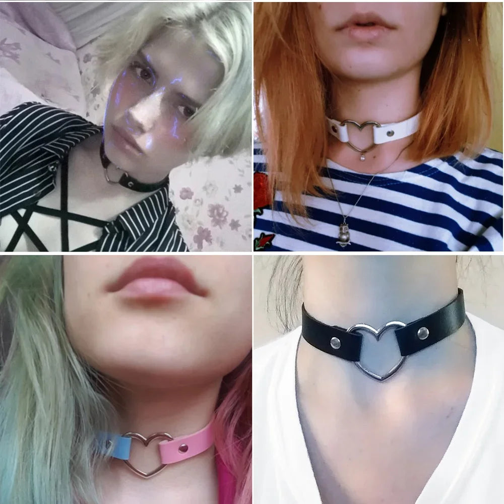 Women's Leather Gothic Heart Punk Choker Necklace