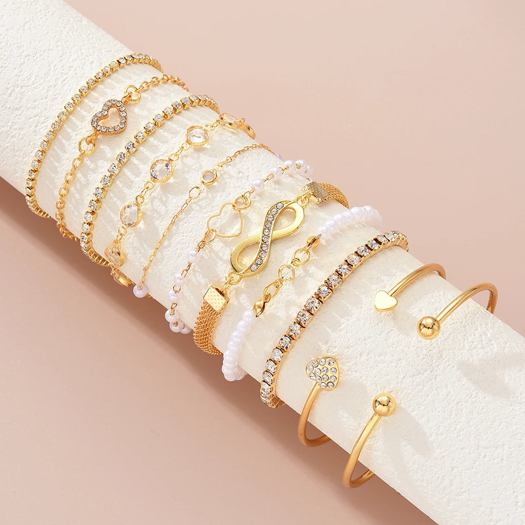 Women's Vintage Pearl Crystal Heart Infinity Bracelets Set