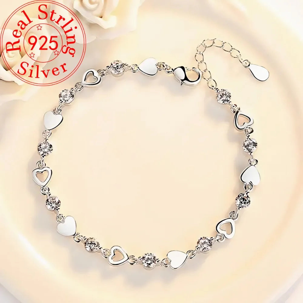 Women's 925 Sterling Silver Heart Crystal Necklace and Bracelet Set