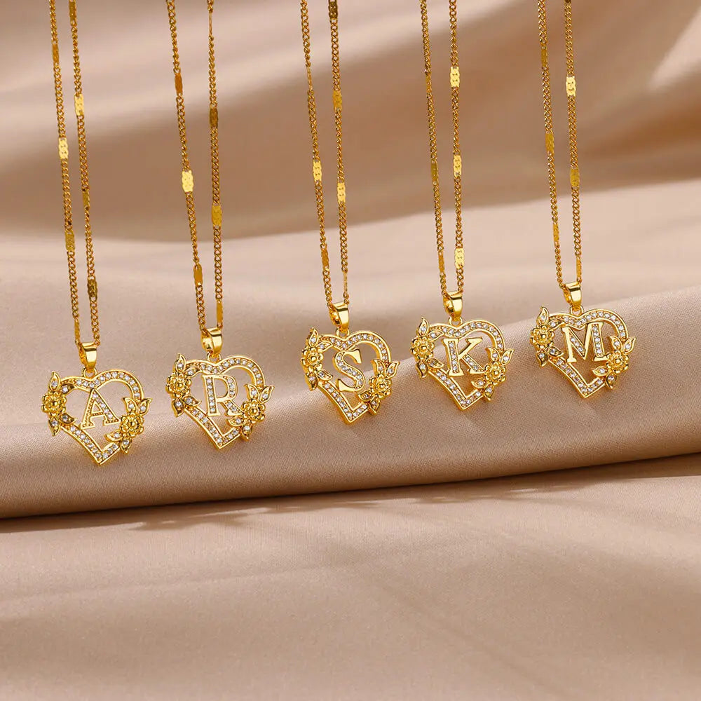 Women's Stainless Steel Zircon Flower Heart Initial Pendant Necklace