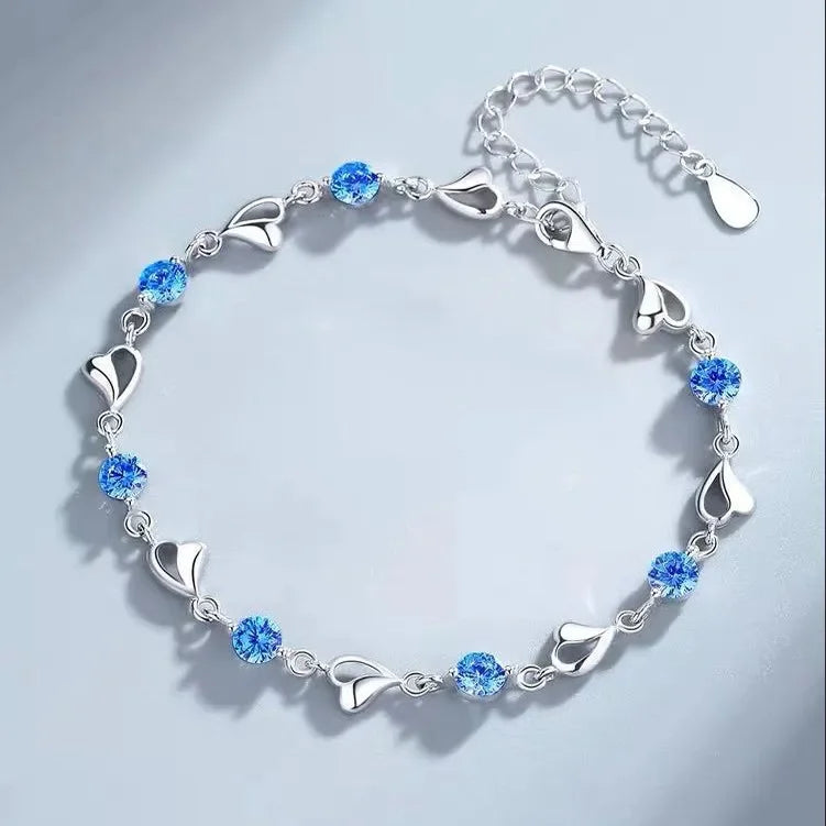 Women's 925 Sterling Silver Heart Crystal Necklace and Bracelet Set