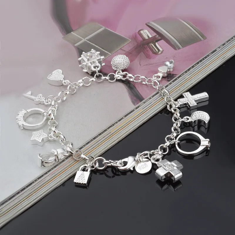 Women's 925 Sterling Silver Charm Chain Link Bracelet