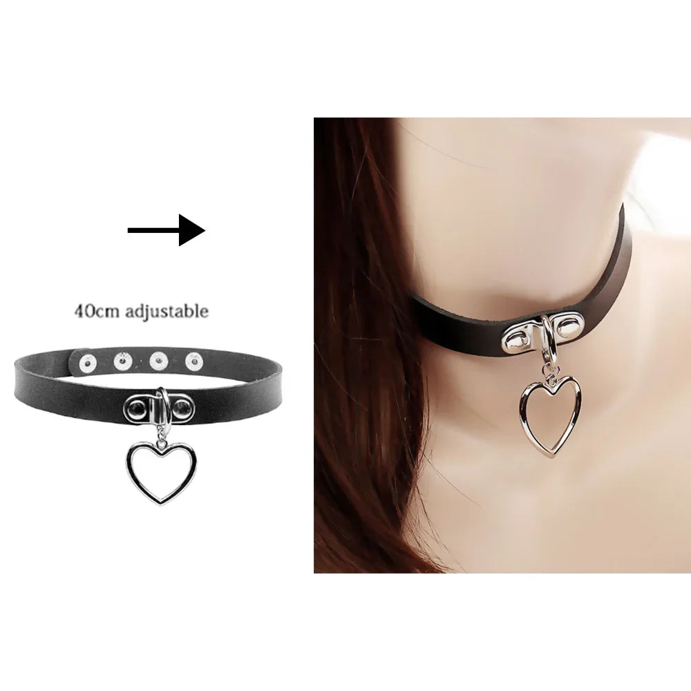 Women's Leather Gothic Heart Punk Choker Necklace
