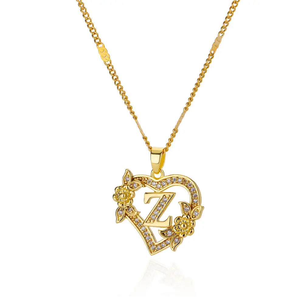 Women's Stainless Steel Zircon Flower Heart Initial Pendant Necklace