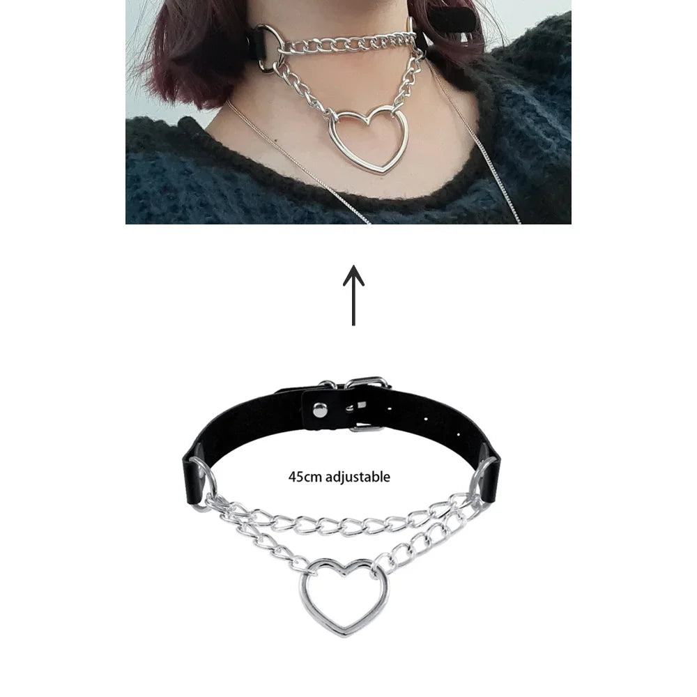 Women's Leather Gothic Heart Punk Choker Necklace