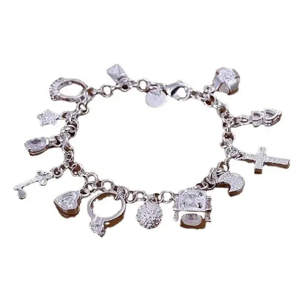 Women's Silver Multi-Element Thirteen Pendant Charm Bracelet