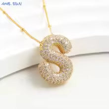 Women's Gold Plated Copper Zircon Bubble Initial Pendant Necklace