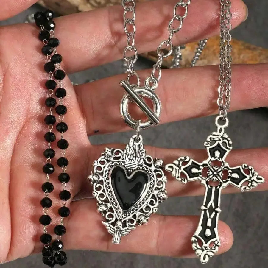 Women's Gothic Black Heart Cross Pendant Necklace 3-Piece Set