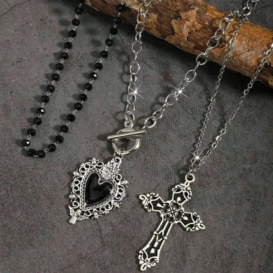 Women's Gothic Black Heart Cross Pendant Necklace 3-Piece Set