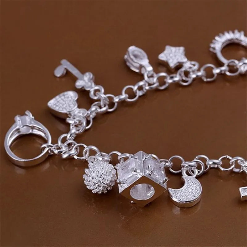 Women's 925 Sterling Silver Charm Chain Link Bracelet