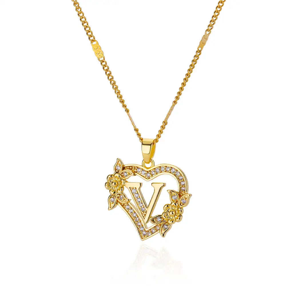 Women's Stainless Steel Zircon Flower Heart Initial Pendant Necklace