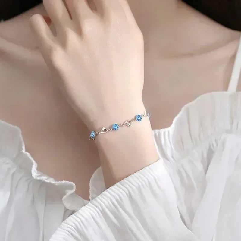 Women's 925 Sterling Silver Heart Crystal Necklace and Bracelet Set