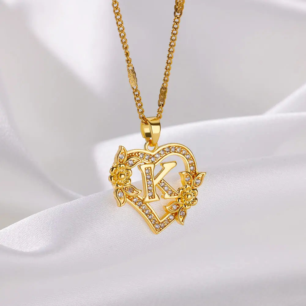 Women's Stainless Steel Zircon Flower Heart Initial Pendant Necklace